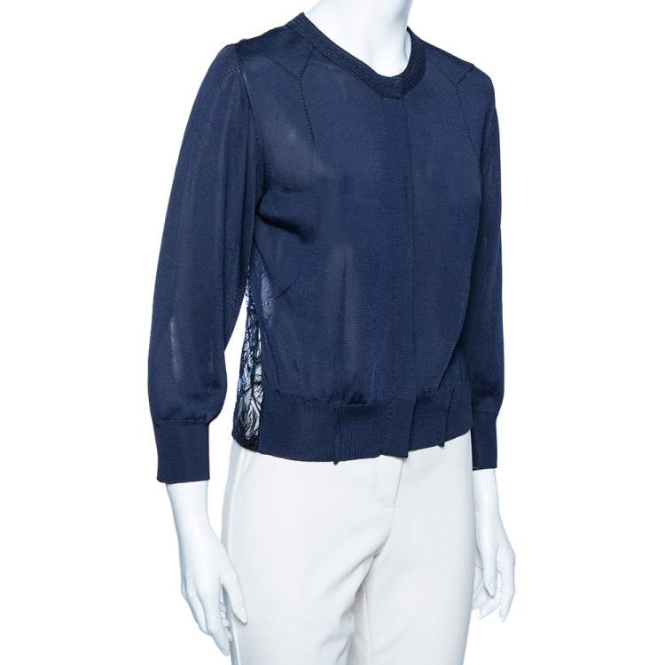 Pre Owned Roberto Cavalli Navy Blue knit & Embroidered Lace Paneled Button Front Cardigan M