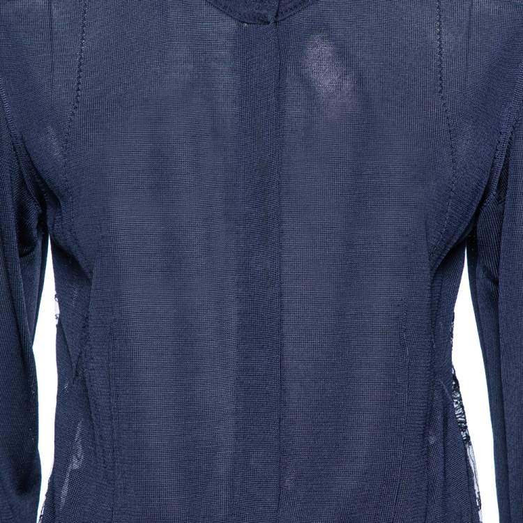 Pre Owned Roberto Cavalli Navy Blue knit & Embroidered Lace Paneled Button Front Cardigan M