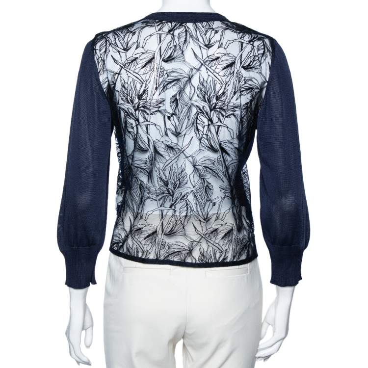 Pre Owned Roberto Cavalli Navy Blue knit & Embroidered Lace Paneled Button Front Cardigan M