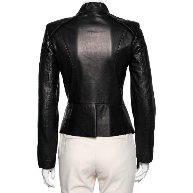 Pre Owned Roberto Cavalli Black leather Floral Applique Detail Zip Front Peplum Jacket M