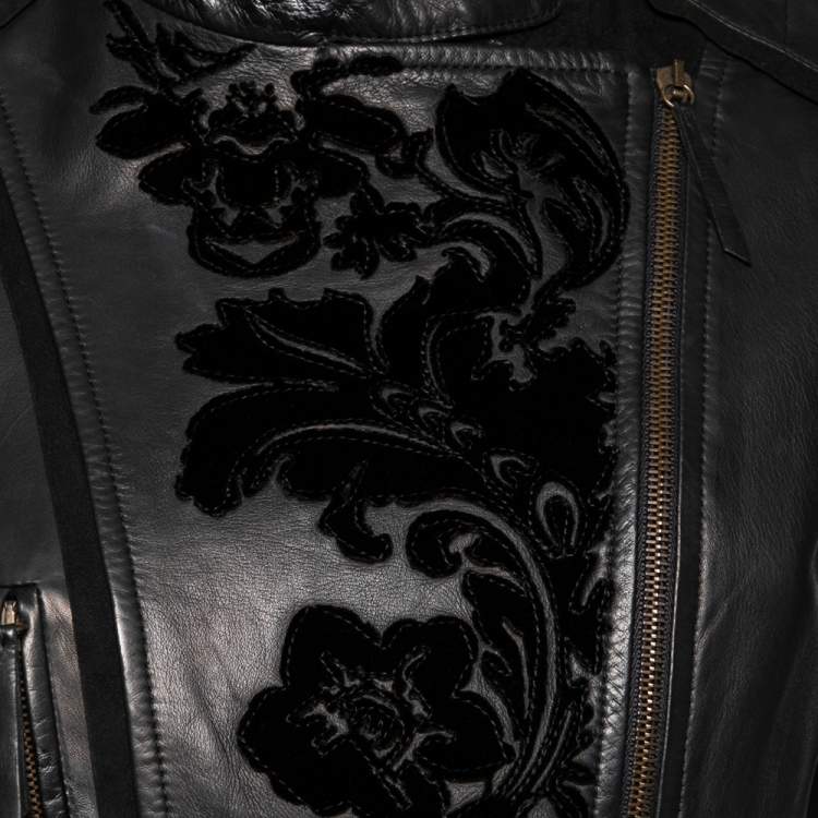 Pre Owned Roberto Cavalli Black leather Floral Applique Detail Zip Front Peplum Jacket M