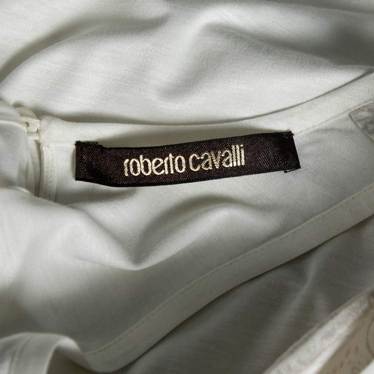 Pre Owned Roberto Cavalli White Printed Silk & Knit Paneled Tank Top M