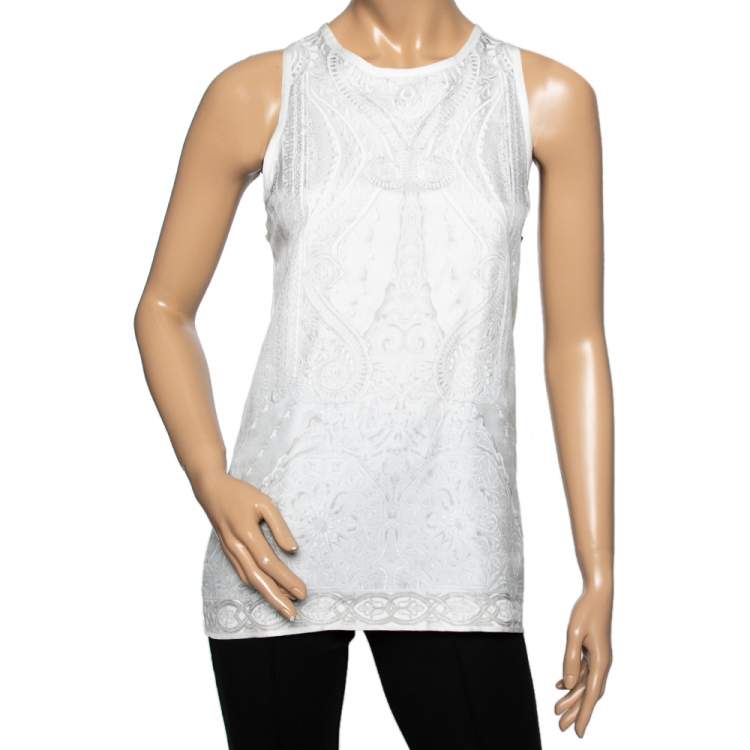 Pre Owned Roberto Cavalli White Printed Silk & Knit Paneled Tank Top M