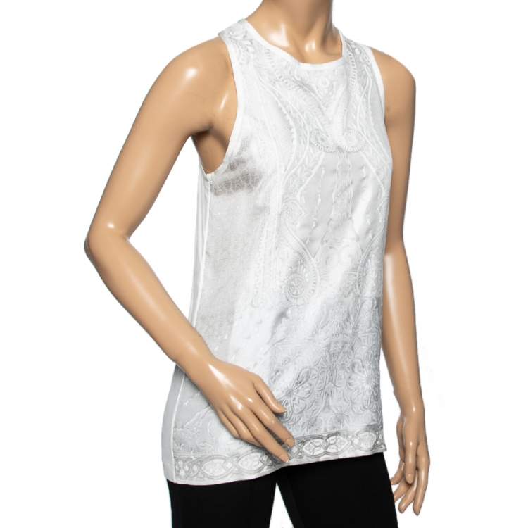 Pre Owned Roberto Cavalli White Printed Silk & Knit Paneled Tank Top M