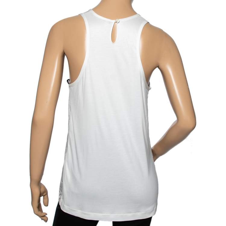 Pre Owned Roberto Cavalli White Printed Silk & Knit Paneled Tank Top M