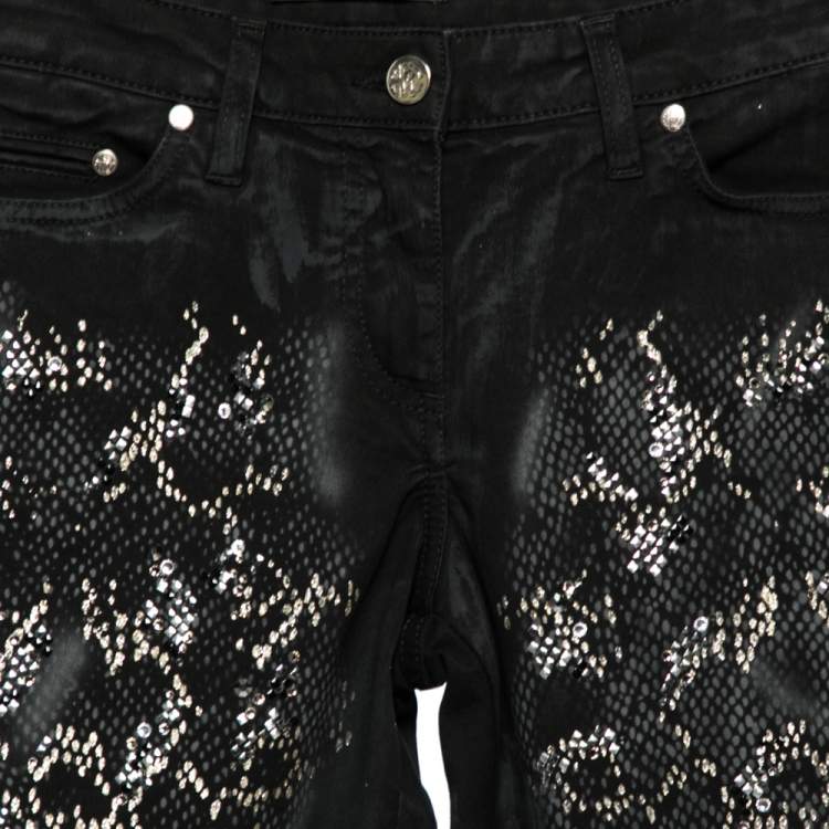 Pre Owned Roberto Cavalli Black Printed Embellished Denim Jeans M 