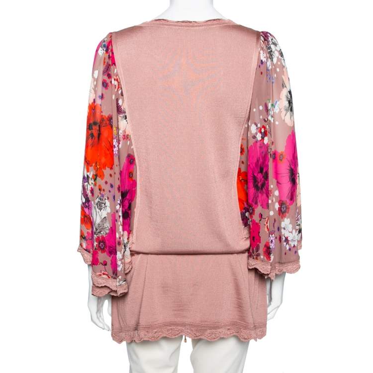 Pre Owned Roberto Cavalli Pale Pink Knit & Printed Silk Waist Tie Detail Top M