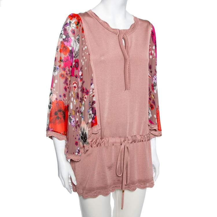 Pre Owned Roberto Cavalli Pale Pink Knit & Printed Silk Waist Tie Detail Top M