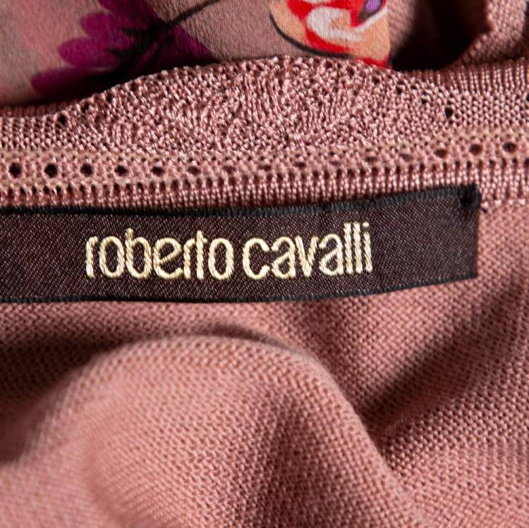 Pre Owned Roberto Cavalli Pale Pink Knit & Printed Silk Waist Tie Detail Top M