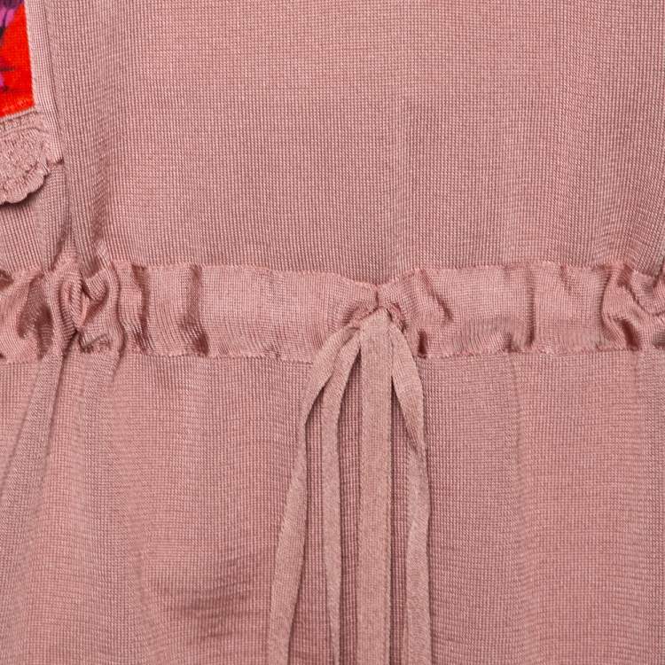 Pre Owned Roberto Cavalli Pale Pink Knit & Printed Silk Waist Tie Detail Top M
