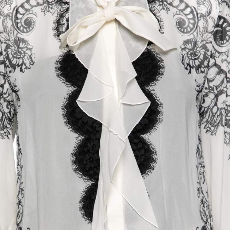 Pre Owned Roberto Cavalli Monochrome Printed Silk & Lace Ruffle Trimmed Shirt M 