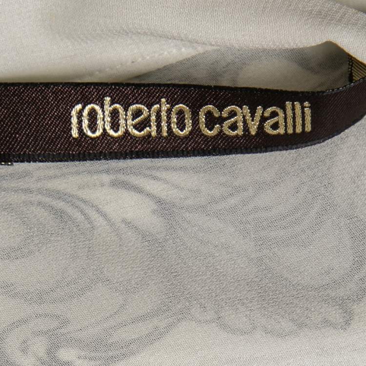 Pre Owned Roberto Cavalli Monochrome Printed Silk & Lace Ruffle Trimmed Shirt M 