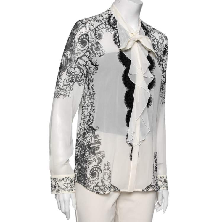 Pre Owned Roberto Cavalli Monochrome Printed Silk & Lace Ruffle Trimmed Shirt M 