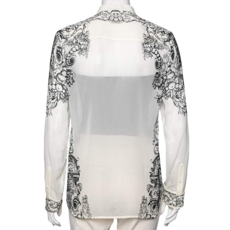 Pre Owned Roberto Cavalli Monochrome Printed Silk & Lace Ruffle Trimmed Shirt M 