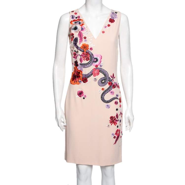 مملوكة مسبقًا Roberto Cavalli Light Pink Embroidered Crepe Sleeveless Sheath Dress M