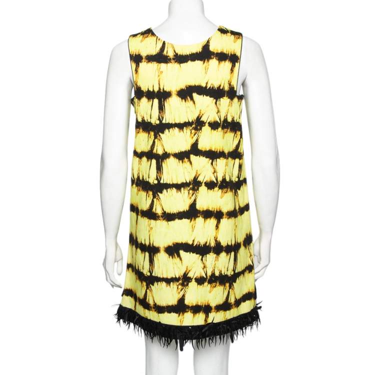 Pre Owned Roberto Cavalli Yellow Printed Denim Embellished Hem Detail Sleeveless Shift Dress M