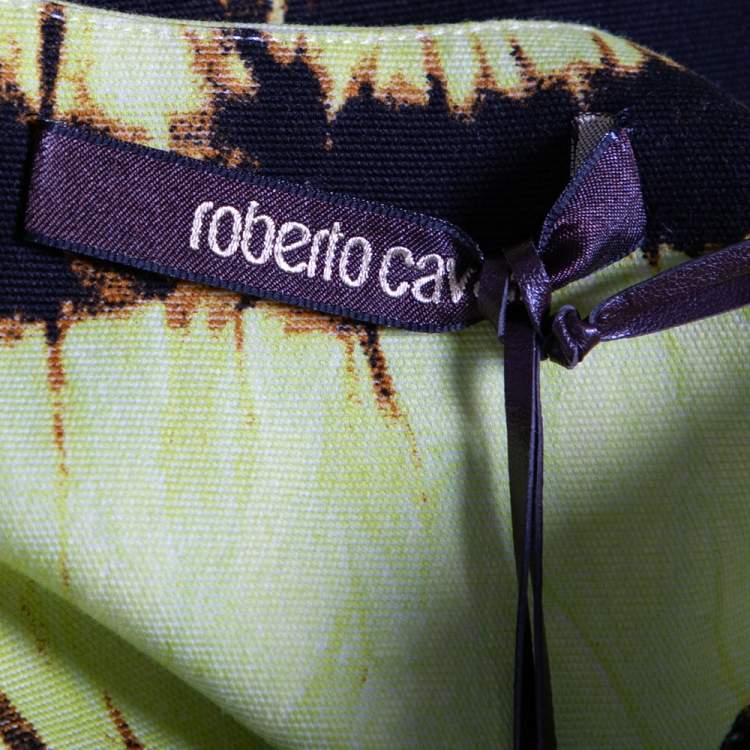 Pre Owned Roberto Cavalli Yellow Printed Denim Embellished Hem Detail Sleeveless Shift Dress M