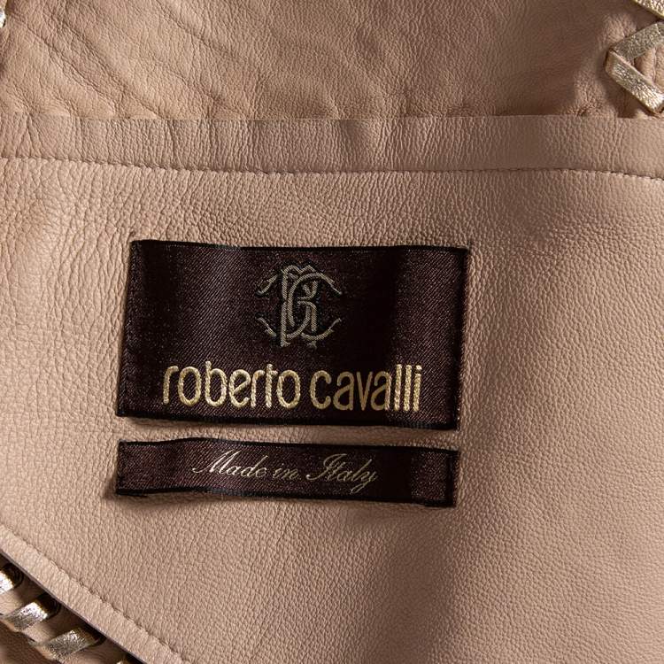 مملوكة مسبقًا Roberto Cavalli Gold Snakeskin Leather Zip Front Jacket M 
