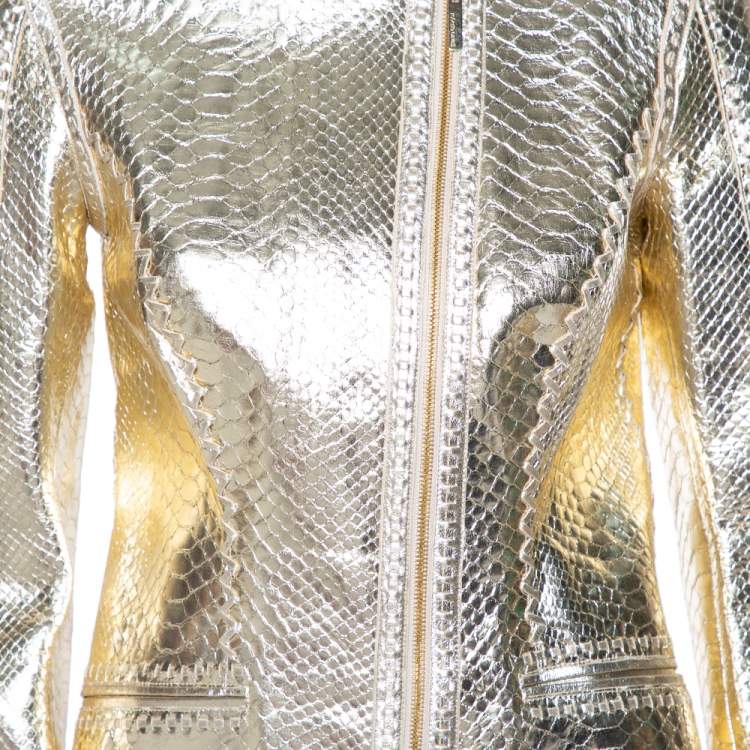 مملوكة مسبقًا Roberto Cavalli Gold Snakeskin Leather Zip Front Jacket M 