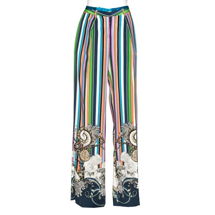 Pre Owned Roberto Cavalli Multicolor Printed Silk Flared Trousers M