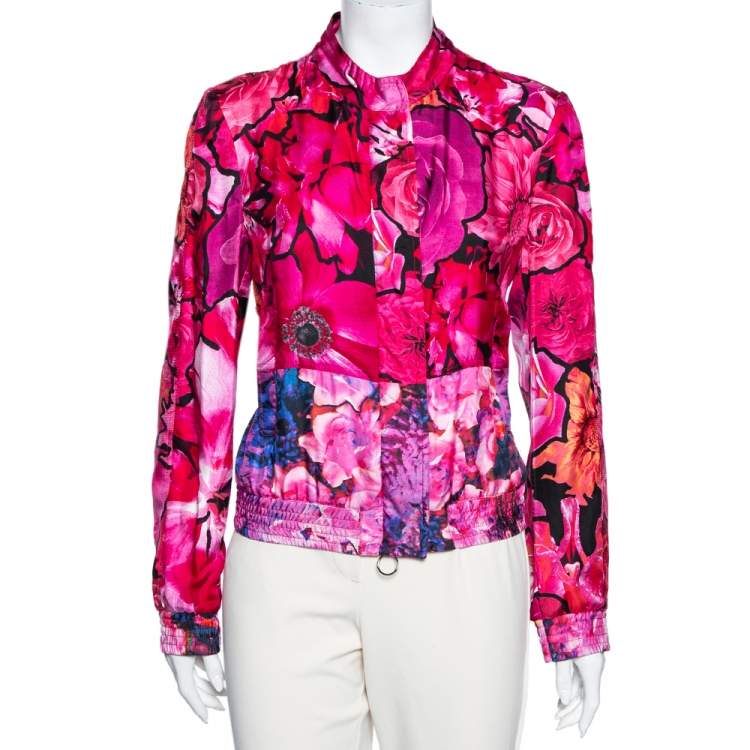 Pre Owned Roberto Cavalli Pink Floral Printed Silk Button and Zip Front Cuff Sleeve Jacket M