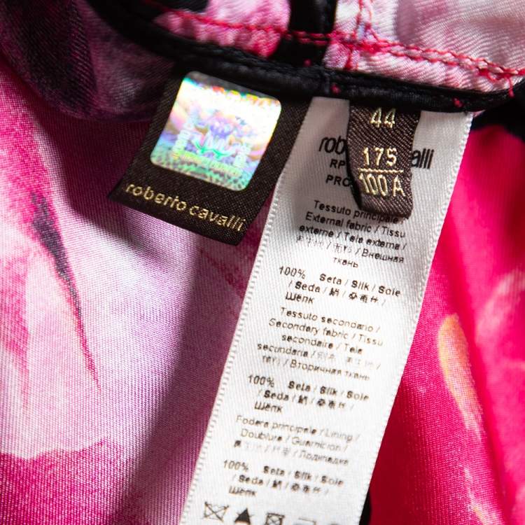 Pre Owned Roberto Cavalli Pink Floral Printed Silk Button and Zip Front Cuff Sleeve Jacket M