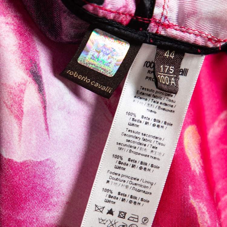 Pre Owned Roberto Cavalli Pink Floral Printed Silk Button and Zip Front Cuff Sleeve Jacket M