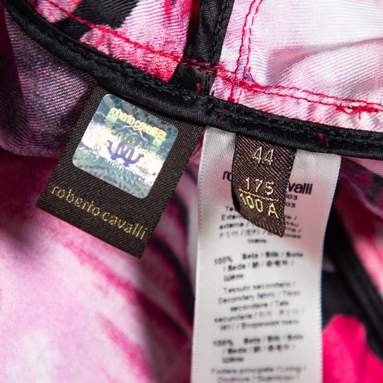 Pre Owned Roberto Cavalli Pink Floral Printed Silk Button and Zip Front Cuff Sleeve Jacket M