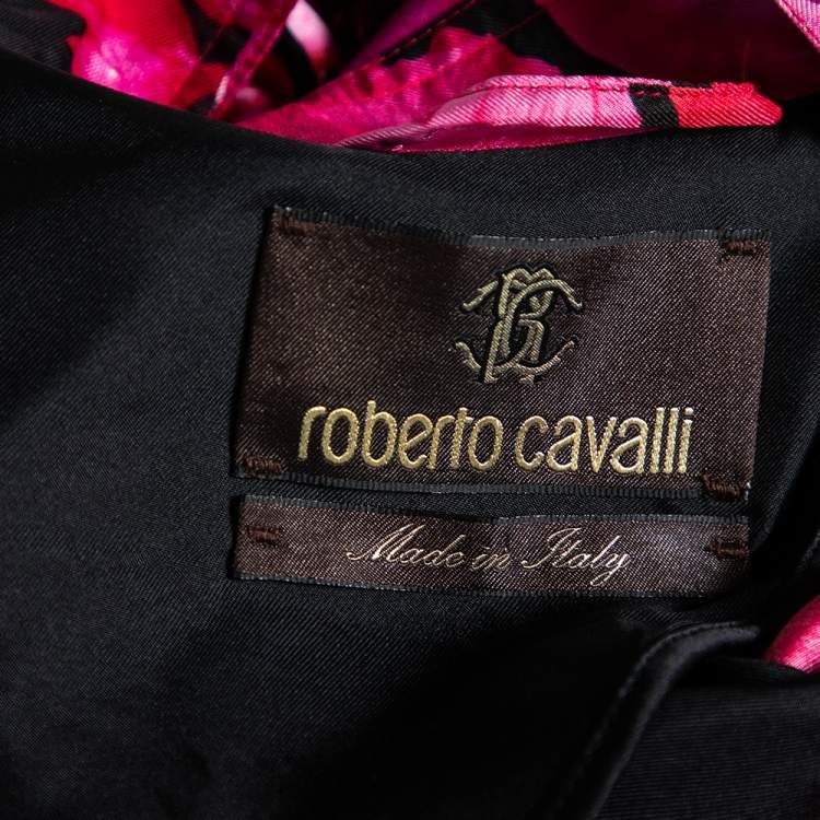 Pre Owned Roberto Cavalli Pink Floral Printed Silk Button and Zip Front Cuff Sleeve Jacket M