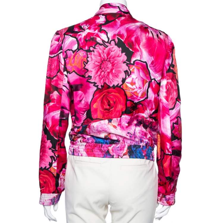 Pre Owned Roberto Cavalli Pink Floral Printed Silk Button and Zip Front Cuff Sleeve Jacket M