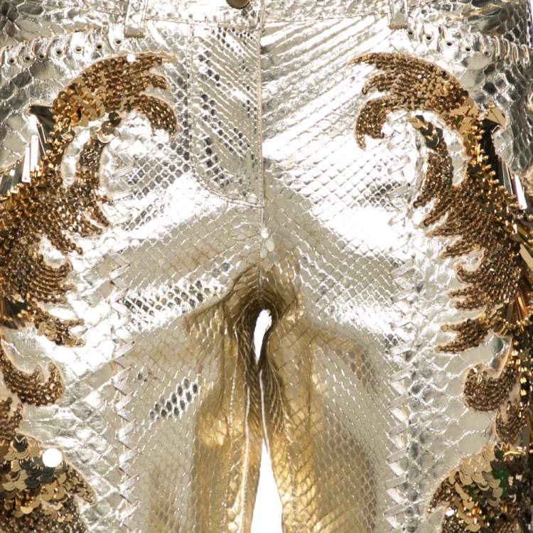 Pre Owned Roberto Cavalli Gold Python Leather Sequin Embellished Pants M