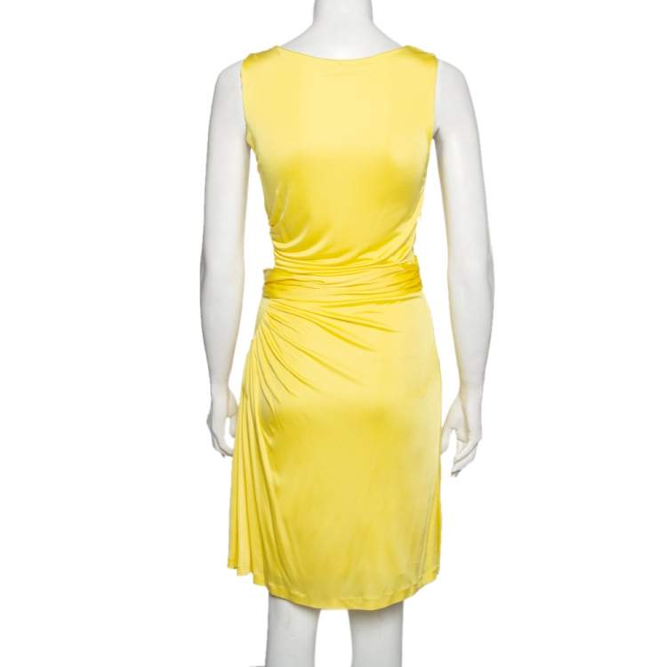 Pre Owned Roberto Cavalli Yellow Jersey Pleated Jewel Embellished Sleeveless Dress M