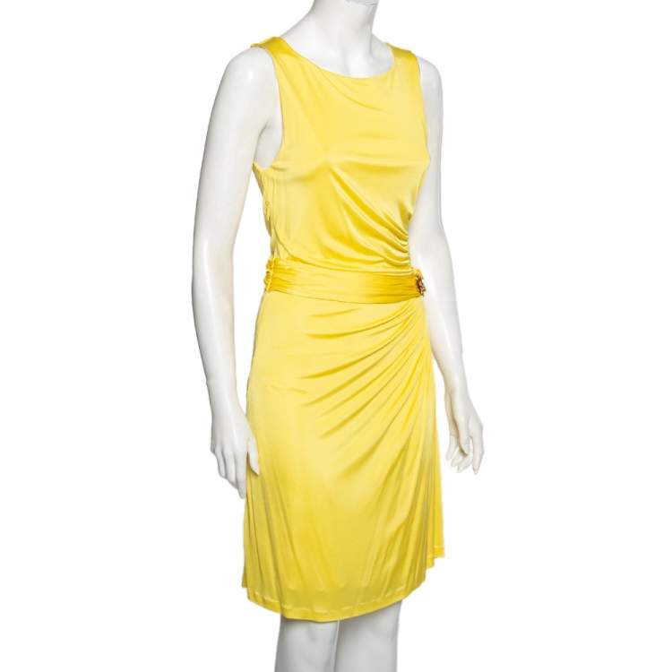 Pre Owned Roberto Cavalli Yellow Jersey Pleated Jewel Embellished Sleeveless Dress M
