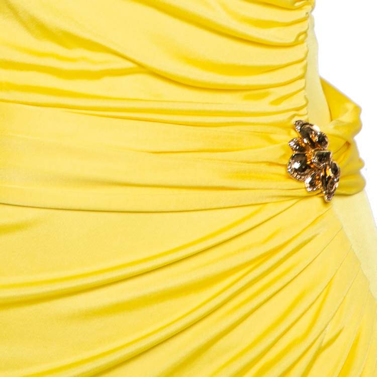 Pre Owned Roberto Cavalli Yellow Jersey Pleated Jewel Embellished Sleeveless Dress M