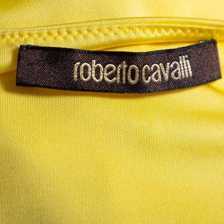 Pre Owned Roberto Cavalli Yellow Jersey Pleated Jewel Embellished Sleeveless Dress M
