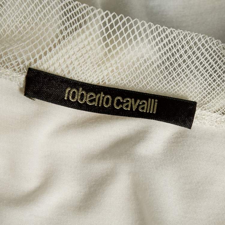 Pre Owned Roberto Cavalli White Printed Nylon Mesh Trim Top M