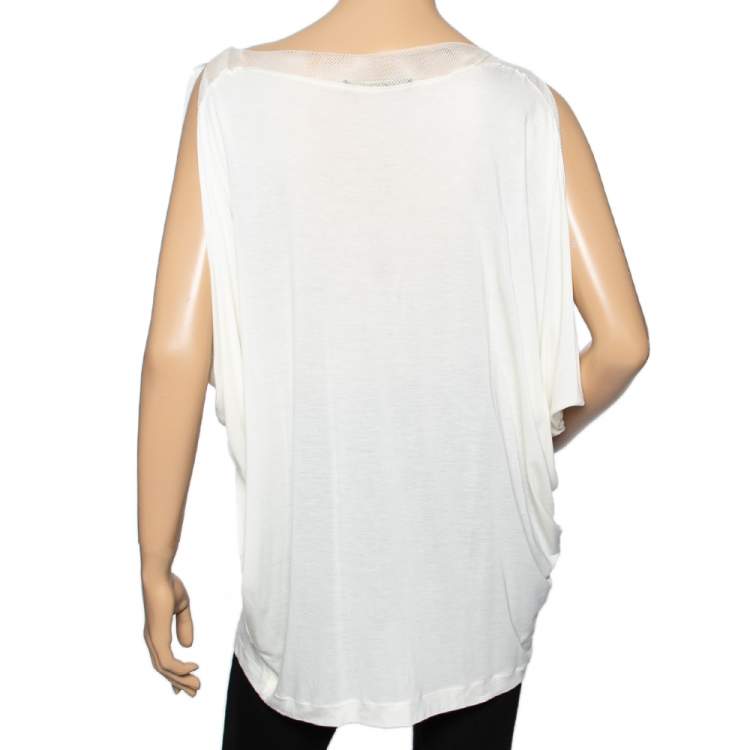 Pre Owned Roberto Cavalli White Printed Nylon Mesh Trim Top M