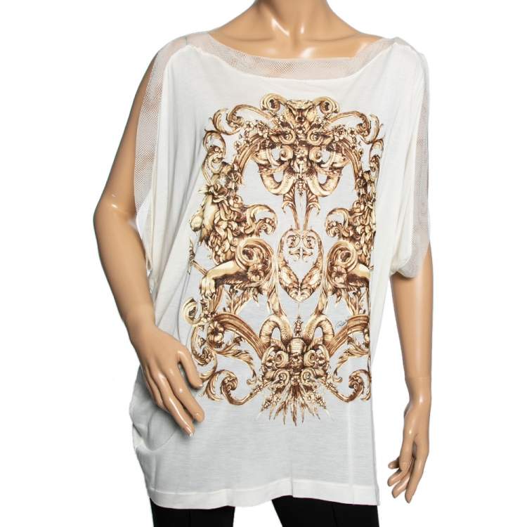 Pre Owned Roberto Cavalli White Printed Nylon Mesh Trim Top M
