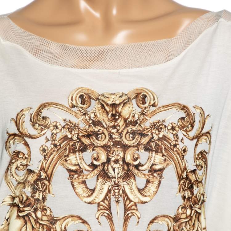 Pre Owned Roberto Cavalli White Printed Nylon Mesh Trim Top M