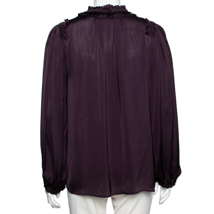 Pre Owned Roberto Cavalli Purple Silk Ruffle Detail Button Front Shirt M