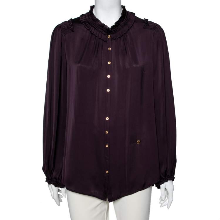 Pre Owned Roberto Cavalli Purple Silk Ruffle Detail Button Front Shirt M