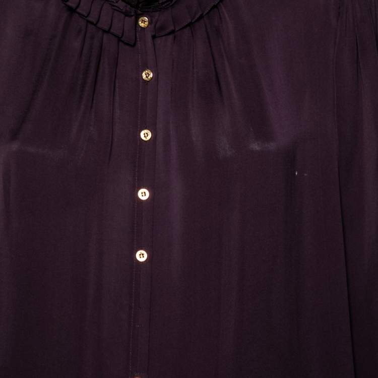 Pre Owned Roberto Cavalli Purple Silk Ruffle Detail Button Front Shirt M