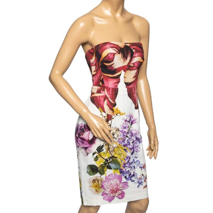 Pre Owned Roberto Cavalli Multicolor Floral Printed Crepe Strapless Mini Dress M