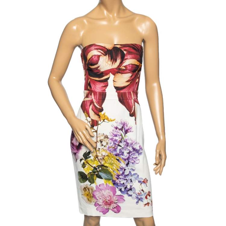 Pre Owned Roberto Cavalli Multicolor Floral Printed Crepe Strapless Mini Dress M