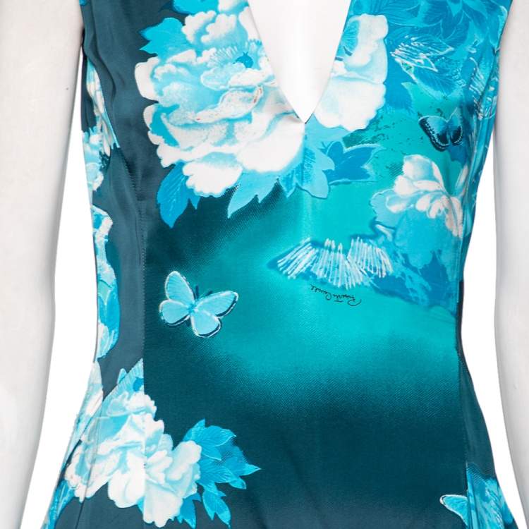 مملوكة مسبقًا Roberto Cavalli Blue Butterfly Printed Satin Sleeveless Midi Dress M