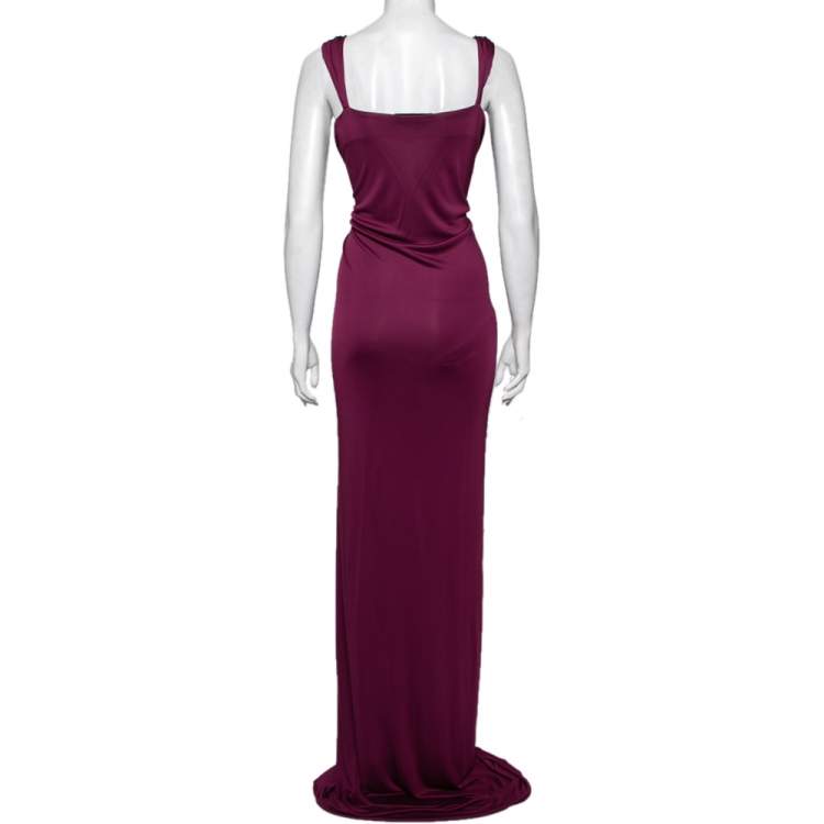 Pre Owned  Roberto Cavalli Purple Jersey Pleated Front Sleeveless Maxi Dress M