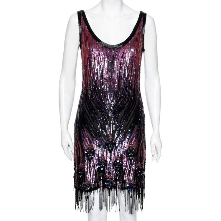 Pre Owned Roberto Cavalli Multicolor Sequin & Bead Embellished Sleeveless Dress M 