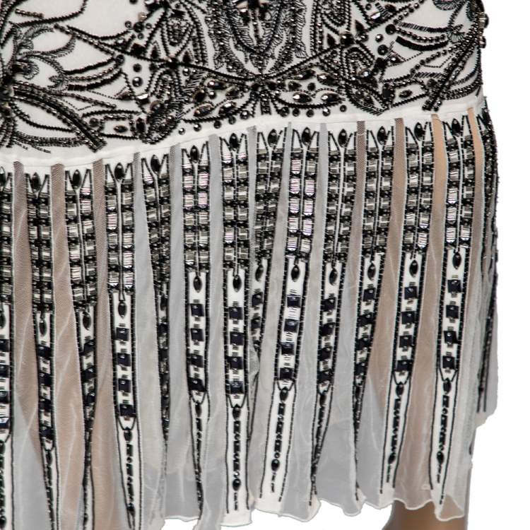 Pre Owned Roberto Cavalli White Embellished Silk & Laser Cut Inset Detailed Dress M 