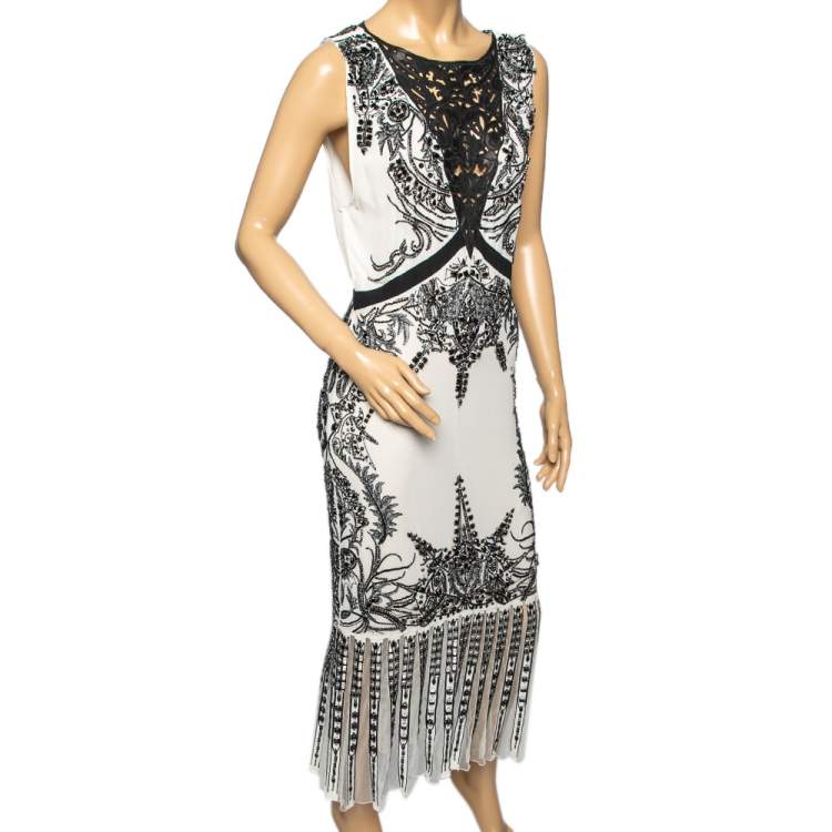 Pre Owned Roberto Cavalli White Embellished Silk & Laser Cut Inset Detailed Dress M 