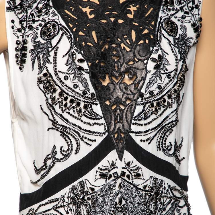 Pre Owned Roberto Cavalli White Embellished Silk & Laser Cut Inset Detailed Dress M 
